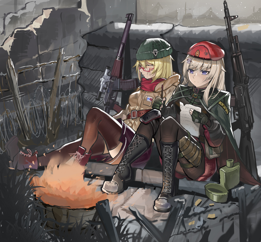2girls absurdres ak-74m ak74m_(girls&#039;_frontline) as_val as_val_(girls&#039;_frontline) assault_rifle beanie boots commission dzsi fire girls&#039;_frontline gun hat highres integral_suppressor integrally-suppressed_firearm kalashnikov_rifle lace-up_boots military multiple_girls pantyhose rifle russia scenery scope sleeping suppressor thighhighs user_krjm4832 weapon