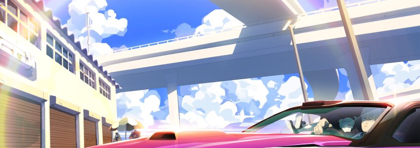 blue_sky building car cloud cyberpunk_(series) cyberpunk_edgerunners david_martinez dorio_(cyberpunk) elevated_highway highres highway lens_flare maine_(cyberpunk) motor_vehicle orenji_(orenjikunart) outdoors parasol rebecca_(cyberpunk) sky sports_car umbrella
