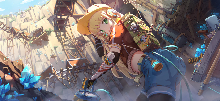 1girl blonde_hair blue_shorts blue_sky catxuan cliff cloud crystal day denim denim_shorts green_eyes hard_hat helmet looking_at_viewer minecart miner mineshaft original outdoors pantyhose pantyhose_under_shorts railroad_tracks round_teeth shorts sky smile solo tagme teeth