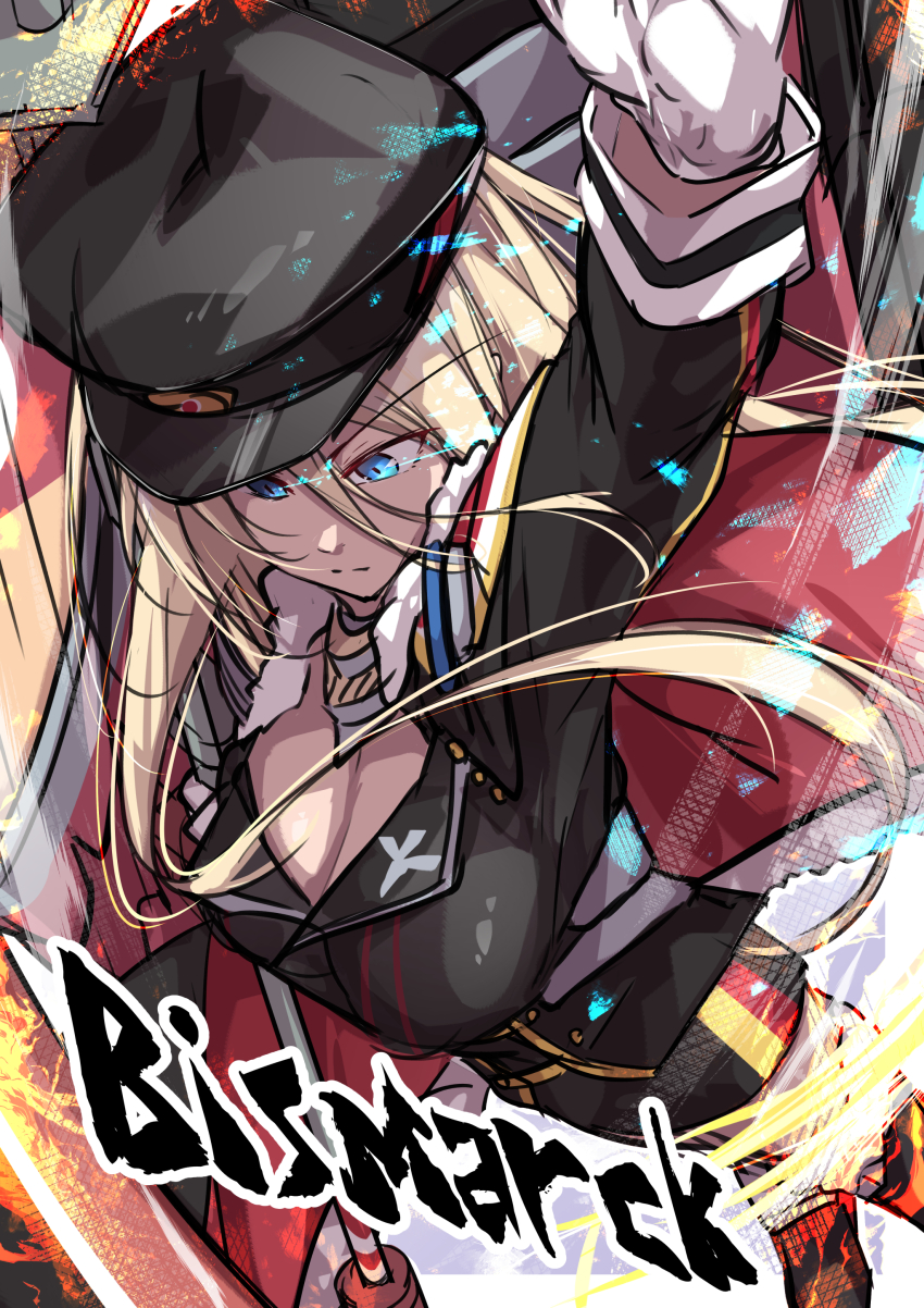 1girl absurdres arm_up azur_lane bismarck_(azur_lane) black_hat blonde_hair blue_eyes breasts character_name cleavage closed_mouth gloves hat highres large_breasts long_bangs long_hair oriue_wato peaked_cap rigging sketch solo white_gloves