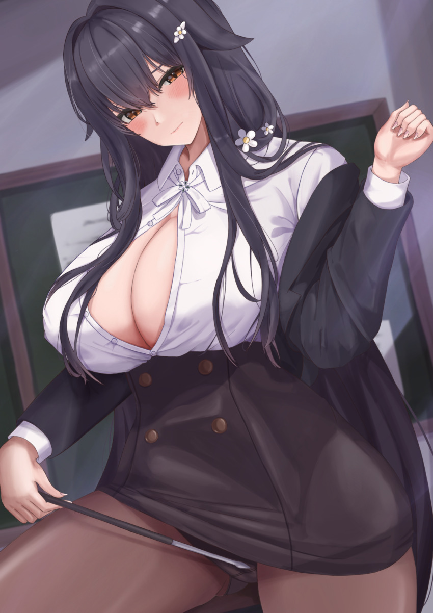 1girl azuma_(azur_lane) azuma_(career_counseling_for_the_groom)_(azur_lane) azur_lane black_hair black_jacket black_panties black_skirt breasts brown_pantyhose cleavage collared_shirt cowboy_shot flashing flower hair_flower hair_ornament high-waist_skirt highres holding holding_pointer huge_breasts indoors jacket long_hair long_sleeves looking_at_viewer official_alternate_costume panties panties_under_pantyhose pantyhose pencil_skirt pointer shirt shirt_tucked_in skirt solo tkaki underwear upskirt very_long_hair white_flower white_shirt yellow_eyes