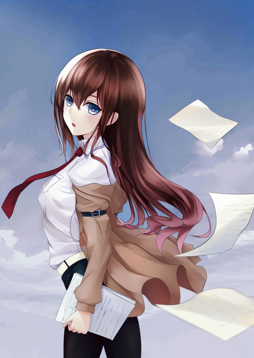 1girl 5pb. absurdres belt black_pantyhose black_shorts blue_eyes brown_hair brown_jacket female_focus highres jacket long_hair looking_at_viewer makise_kurisu necktie nitroplus pantyhose red_necktie science_adventure shirt shorts sky solo steins;gate syan_(tiaowudegutou) white_shirt