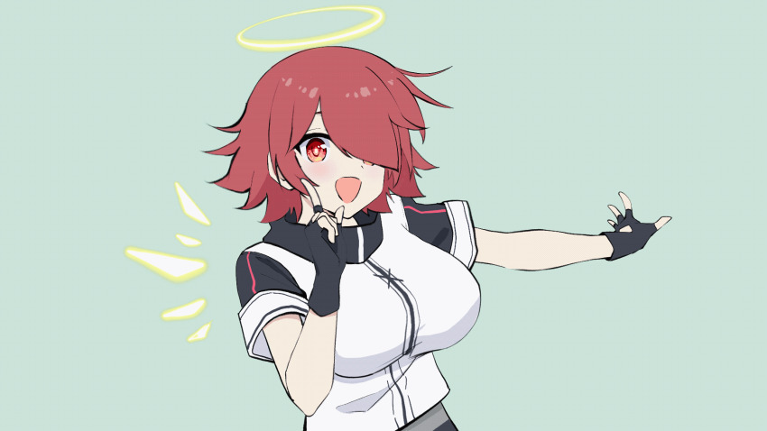1girl :d animated animated_gif arknights black_gloves breasts chinese_commentary commentary_request detached_wings energy_wings exusiai_(arknights) fingerless_gloves gloves green_background hair_over_one_eye halo highres hoshino_ruby_dance ikamochi_kalong jacket large_breasts looking_at_viewer looping_animation open_mouth oshi_no_ko red_eyes red_hair short_hair short_sleeves simple_background smile solo upper_body white_jacket wings