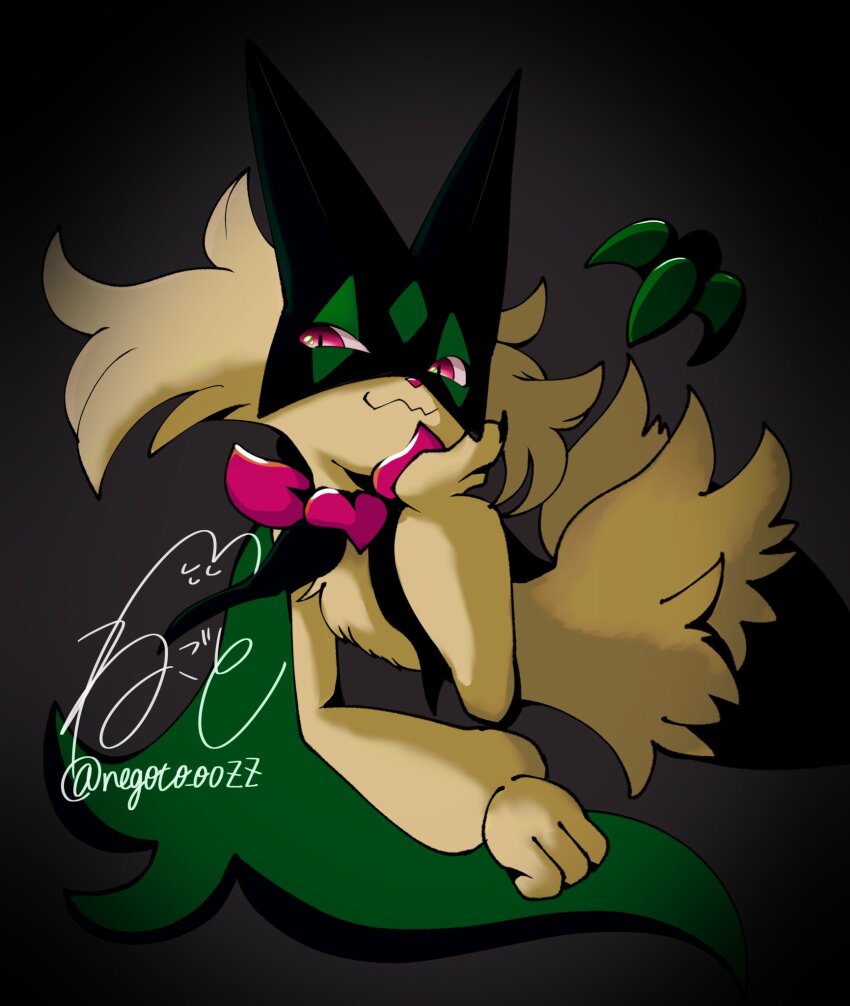 :3 animal_hands animal_nose cape claws closed_mouth creatures_(company) fangs flower furry game_freak green_fur green_hair grey_background half-closed_eyes highres looking_at_viewer lying mask meowscarada negoto_o0zz nintendo on_side other_focus pink_eyes pink_flower pokemon pokemon_(creature) short_hair short_tail simple_background skin_fangs smile solo tail two-tone_fur upper_body