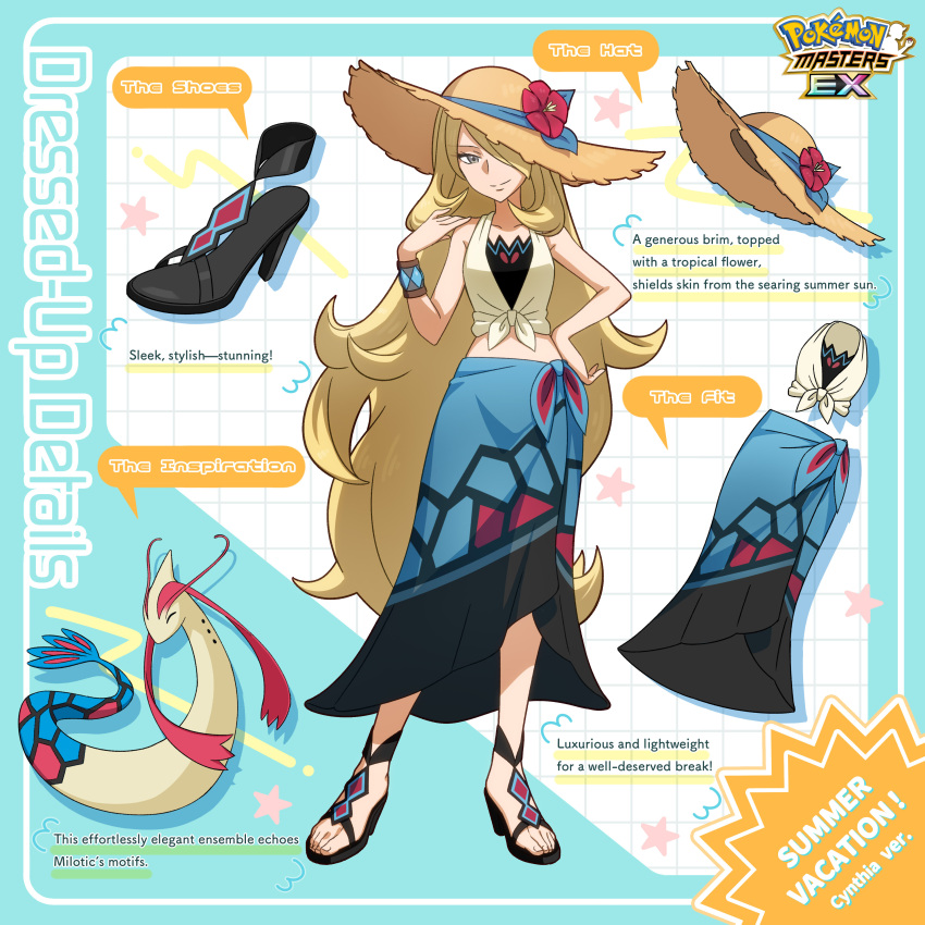 1girl absurdres blonde_hair closed_mouth commentary curly_hair cynthia_(pokemon) cynthia_(summer_2025)_(pokemon) english_commentary eyelashes flower gen_3_pokemon grey_eyes hair_over_one_eye hand_on_own_hip hand_up hat hat_flower high_heels highres long_hair looking_at_viewer milotic nintendo official_alternate_costume official_art pokemon pokemon_(creature) pokemon_masters_ex red_flower sarong smile split_mouth standing star_(symbol) sun_hat toes