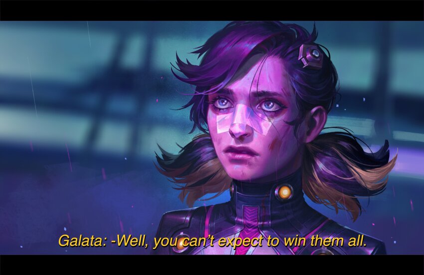 1girl absurdres bandaid bandaid_on_face bandaid_on_nose black_bodysuit black_border black_hair blade_runner_2049 blonde_hair blue_eyes blurry blurry_background bodysuit border closed_mouth commentary english_commentary english_text highres indoors lips looking_to_the_side low_twintails marvel marvel_rivals meme multicolored_hair peni_parker rain short_hair short_twintails solo spider-man_(series) subtitled superhero_costume twintails two-tone_bodysuit two-tone_hair upper_body white_bodysuit wth153 you_look_lonely_(meme)