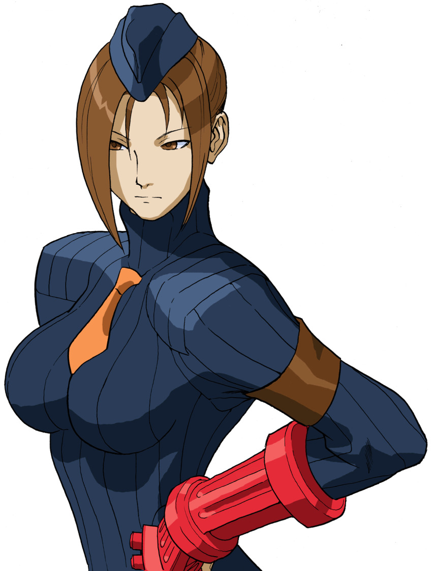 1girl armband bengus breasts brown_eyes brown_hair double-parted_bangs game_cg garrison_cap hair_bun hand_on_own_hip hat highres juli_(street_fighter) large_breasts leotard long_hair necktie non-web_source official_art orange_necktie parted_bangs portrait ribbed_leotard shadaloo_dolls sideways_glance simple_background single_hair_bun sleeved_leotard solo street_fighter street_fighter_zero_(series) upper_body white_background