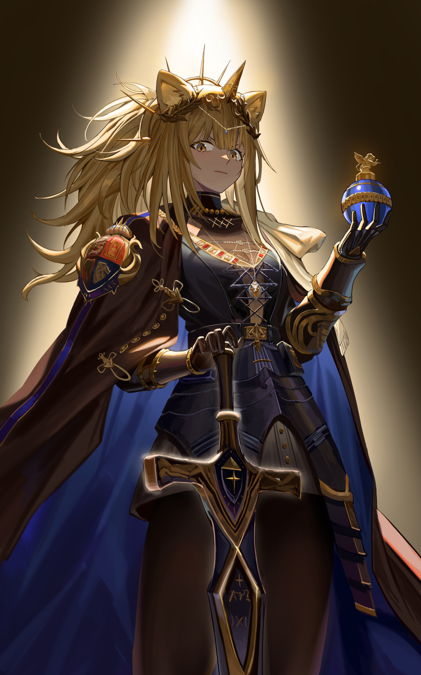 1girl absurdres animal_ears arknights armor black_cape black_gloves blonde_hair cape closed_mouth crest crown from_below gloves hair_ornament head_chain highres holding holding_sword holding_weapon jewelry lion_ears lion_girl long_hair looking_at_viewer necklace ponytail siege_(arknights) solo sword the_horse. two-sided_cape two-sided_fabric vina_victoria_(arknights) weapon yellow_eyes