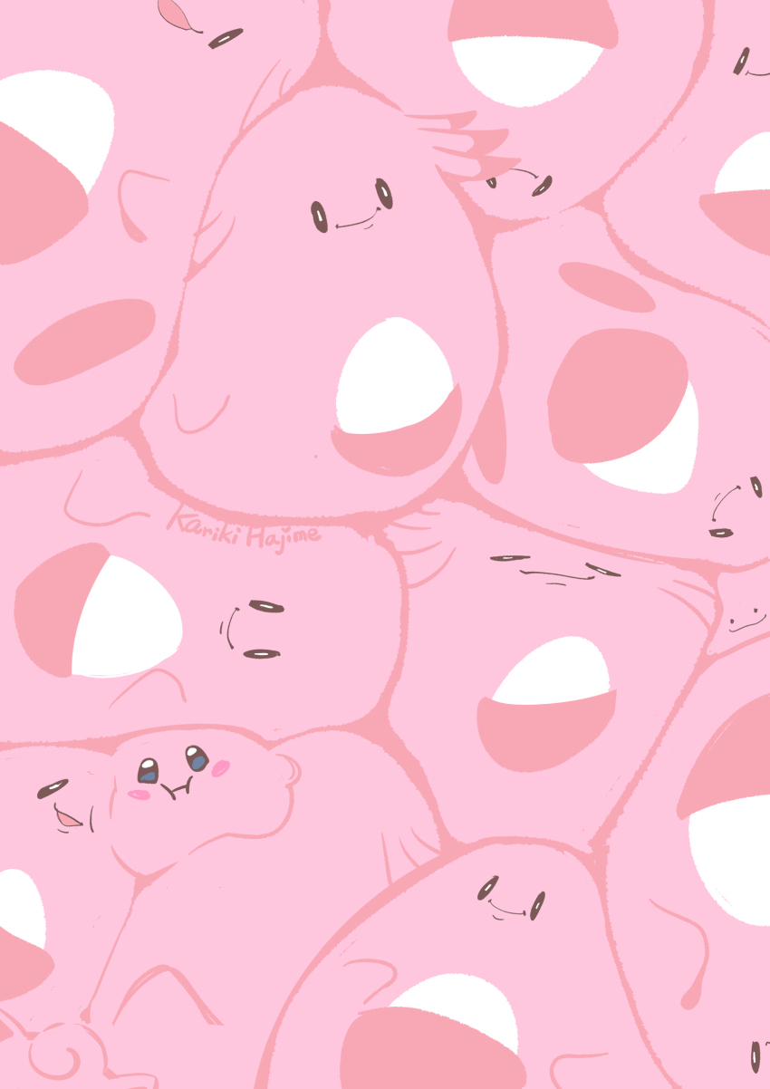 :d :i artist_name black_eyes blush_stickers bright_pupils chansey closed_mouth crossover ditto gen_1_pokemon highres jigglypuff kariki_hajime kirby kirby_(series) nintendo no_humans open_mouth pokemon pokemon_(creature) signature smile white_pupils