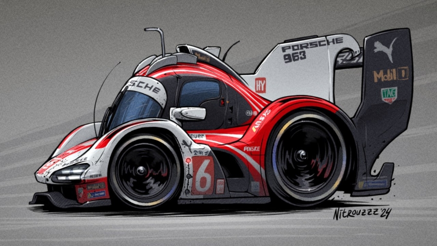 2024 artist_name car commentary english_commentary from_side grey_background le_mans_prototype michelin michelin_man mobil1 motion_blur motor_vehicle nitrouzzz no_humans porsche porsche_963 puma_(brand) race_vehicle racecar radio_antenna shadow spoiler_(automobile) sponsor vehicle_focus