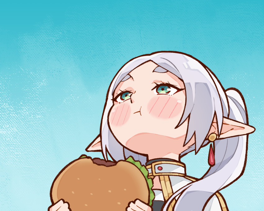 1girl :t blue_sky blush_stickers burger capelet chibi commentary earrings eating elf english_commentary food food_in_mouth frieren gold_trim green_eyes grey_hair hair_over_shoulder head_back highres holding holding_burger holding_food jewelry kukie-nyan long_pointy_ears looking_up meme parted_bangs pointy_ears shirt simple_background sky solo sousou_no_frieren striped_clothes striped_shirt teardrop_earrings thick_eyebrows twintails upper_body upward_angle_frieren_drawing_(meme) white_capelet