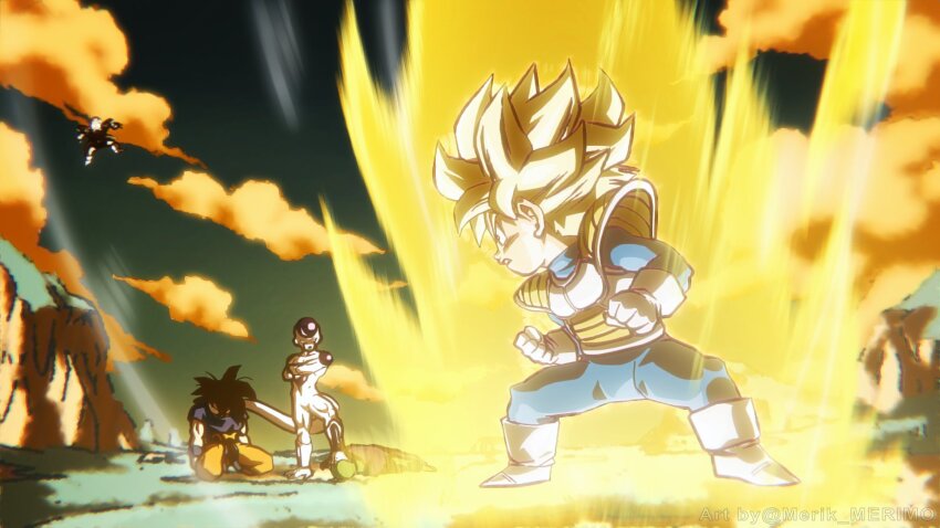 4boys armor black_hair blonde_hair boots cloud dougi dragon_ball dragonball_z frieza gloves highres kuririn merik_(merimo) multiple_boys saiyan saiyan_armor shoulder_pads son_gohan son_goku spiked_hair super_saiyan super_saiyan_1 torn_clothes white_boots white_gloves