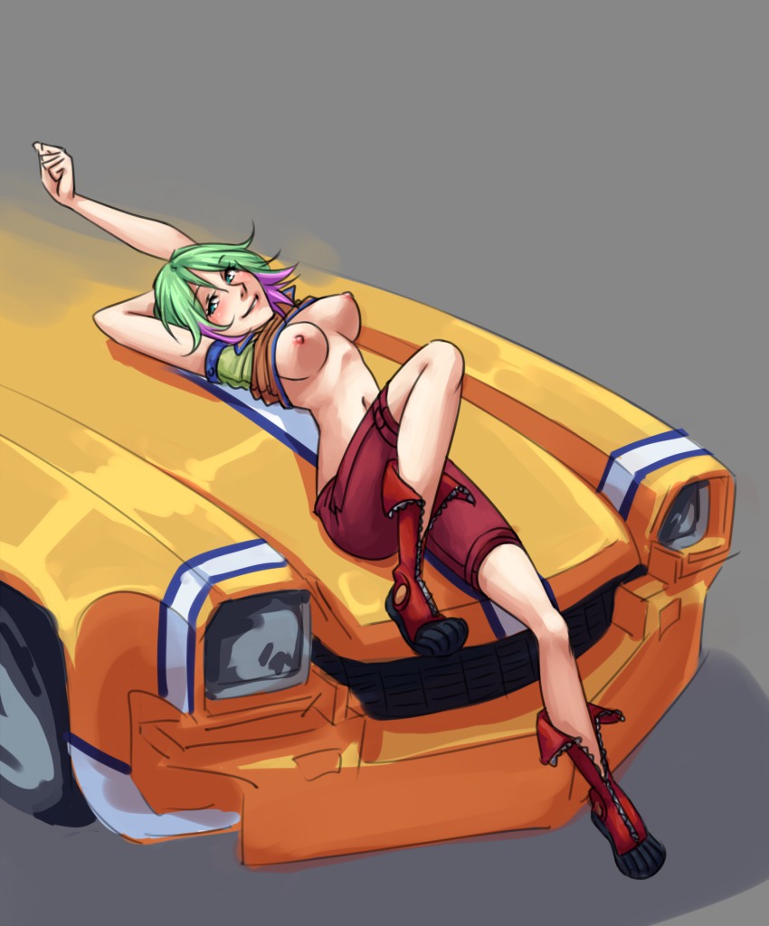 1girl boots breasts car clothes_lift female_focus green_eyes green_hair highres large_breasts lips lying matching_hair/eyes monorus motor_vehicle multicolored_hair navel nipples on_back on_car on_vehicle pink_hair reclining redline shirt_lift shorts sitting smile solo sonoshee_mclaren trans_am_20000_wr_(redline) two-tone_hair