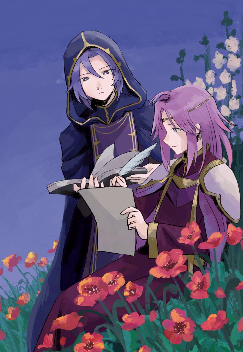 2boys absurdres blue_sky book cho_yoy circlet fire_emblem fire_emblem:_the_sacred_stones flower hair_between_eyes highres holding holding_book holding_paper holding_quill hooded_robe knoll_(fire_emblem) light_smile lyon_(fire_emblem) medium_hair multiple_boys nintendo open_book paper parted_lips purple_hair quill reading red_flower robe short_hair sky white_flower writing