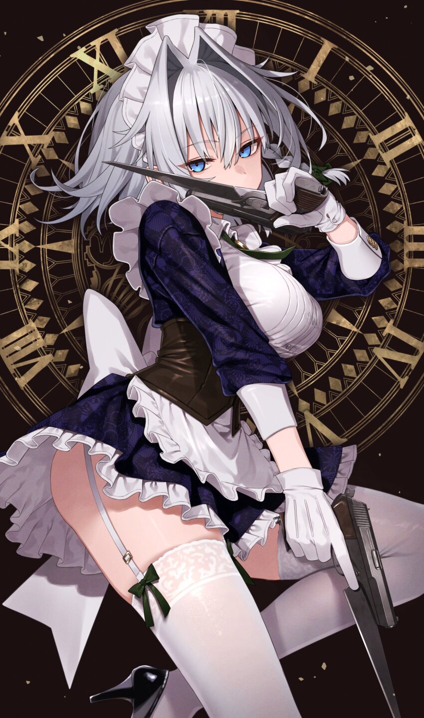 1girl apron back_bow bayonet black_bow black_shoes blue_eyes bow breasts brown_background brown_corset clock commentary corset cowboy_shot cz_52 dual_wielding gloves green_bow greenkohgen grey_hair gun hair_bow hair_intakes hand_up handgun high_heels highres holding holding_gun holding_weapon izayoi_sakuya large_breasts long_sleeves looking_at_viewer maid_headdress medium_hair shoes solo standing standing_on_one_leg thigh_strap thighhighs thighs touhou trigger_discipline waist_apron weapon white_apron white_gloves white_thighhighs