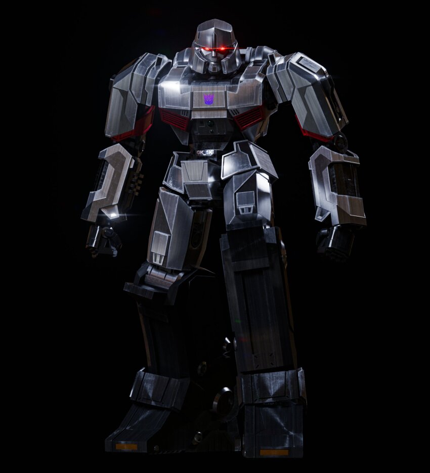3d black_background commentary decepticon english_commentary eye_trail frown full_body gk4k glowing glowing_eyes highres light_trail looking_at_viewer mecha mecha_focus megatron megatron_(transformers_one) no_humans red_eyes robot transformers transformers_one