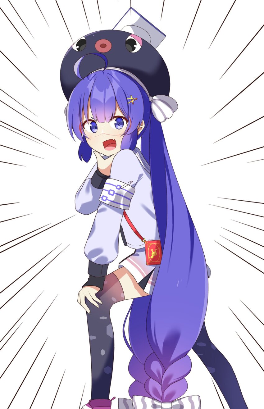 1girl ahoge animal_hat armband black_thighhighs blue_eyes blue_hair blue_jacket blue_skirt blunt_bangs bow braid cellphone_strap chaakusu commentary_request eel_hat emphasis_lines fang feet_out_of_frame goggles gradient_clothes gradient_hair gradient_skirt hair_between_eyes hair_bow hair_ornament hairclip hand_on_own_chin hand_on_own_knee hat hat_ribbon highres honeycomb_(pattern) honeycomb_print jacket large_hat long_hair long_sleeves looking_at_viewer low-braided_long_hair low-tied_long_hair low_twintails mortarboard multicolored_hair multicolored_skirt open_mouth otomachi_una otomachi_una_(voicepeak) over-kneehighs pink_skirt pleated_skirt print_thighhighs puffy_long_sleeves puffy_sleeves red-framed_eyewear ribbon safety_pin shoulder_strap simple_background skirt smartphone_case smile solo striped_bow striped_ribbon thighhighs twintails vertical-striped_bow very_long_hair voicepeak white_armband white_background white_ribbon