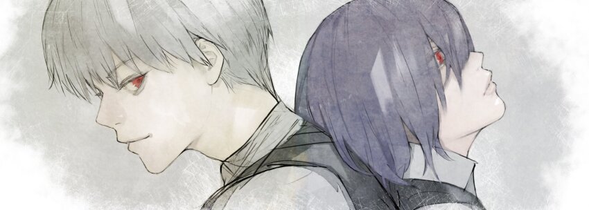 1boy 1girl back-to-back black_vest blue_hair grey_hair grey_shirt hair_over_one_eye highres kaneki_ken kirishima_touka red_eyes shirt short_hair stfr_(stfr_kaz) tokyo_ghoul vest