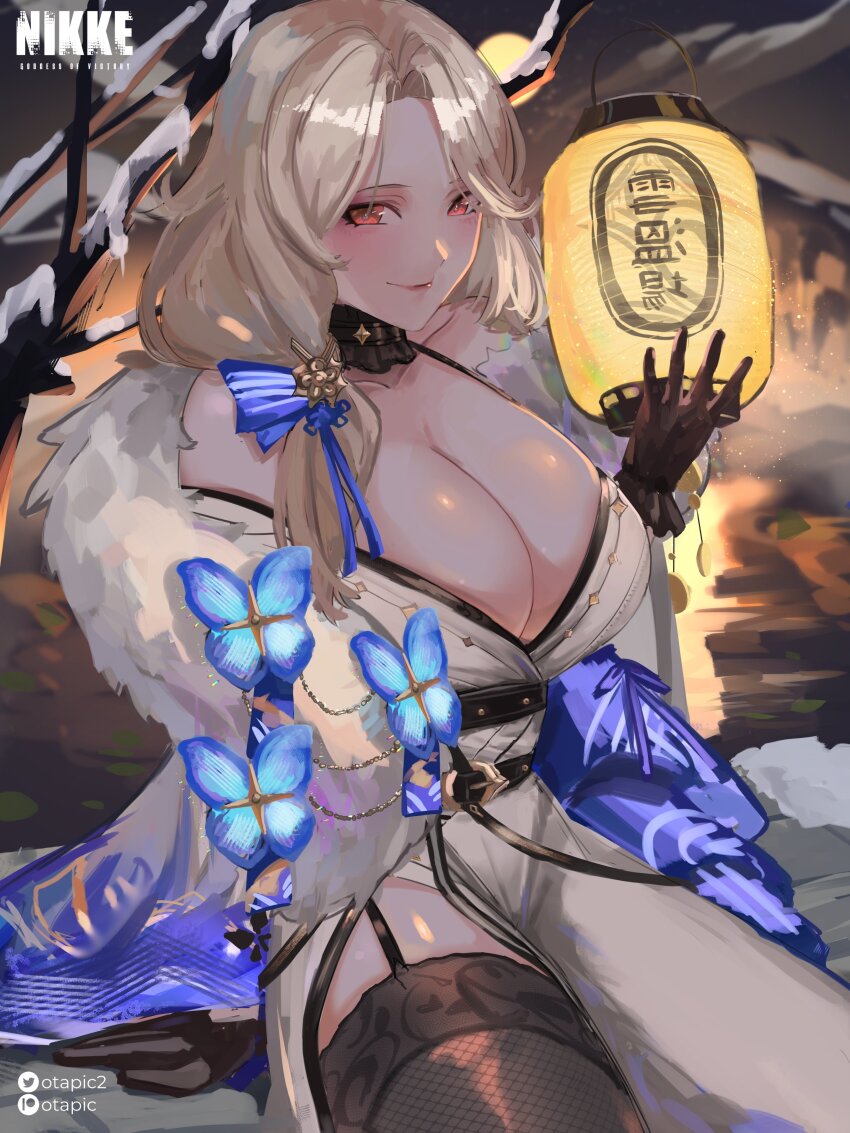 1girl absurdres belt black_belt black_gloves black_thighhighs blonde_hair blue_butterfly blue_ribbon breasts bug butterfly closed_mouth fur-trimmed_kimono fur_trim garter_straps gloves goddess_of_victory:_nikke hair_over_shoulder hair_ribbon highres holding holding_lantern insect japanese_clothes kimono lantern large_breasts long_hair looking_at_viewer ludmilla_(nikke) ludmilla_(winter_owner)_(nikke) off_shoulder official_alternate_costume onsen otapic parted_bangs red_eyes ribbon snow solo striped_ribbon thighhighs white_kimono wide_sleeves