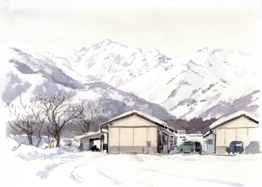 absurdres bare_tree building car day drainpipe highres masuyama_osamu motor_vehicle mountainous_horizon no_humans original painting_(medium) scenery shed sky snow traditional_media tree white_sky