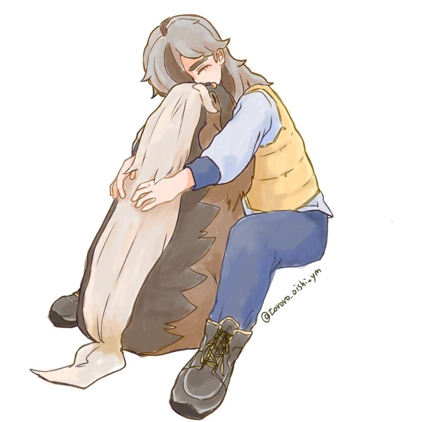 1boy ^_^ arven_(pokemon) black_footwear black_hair blue_pants boots closed_eyes dog grey_hair hair_over_one_eye highres hug long_hair mabosstiff multicolored_hair nintendo open_clothes open_vest pants pokemon pokemon_(creature) pokemon_sv school_uniform shirt simple_background sitting streaked_hair three-quarter_sleeves tororo_oishi_ym twitter_username two-tone_hair uva_academy_school_uniform vest white_background white_shirt yellow_vest