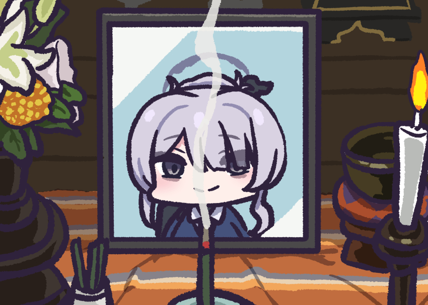 absurdres candle chibi coffin flower funeral highres iei incense itokonoue_kaoru no_humans object_focus panatisia project_kv smoke