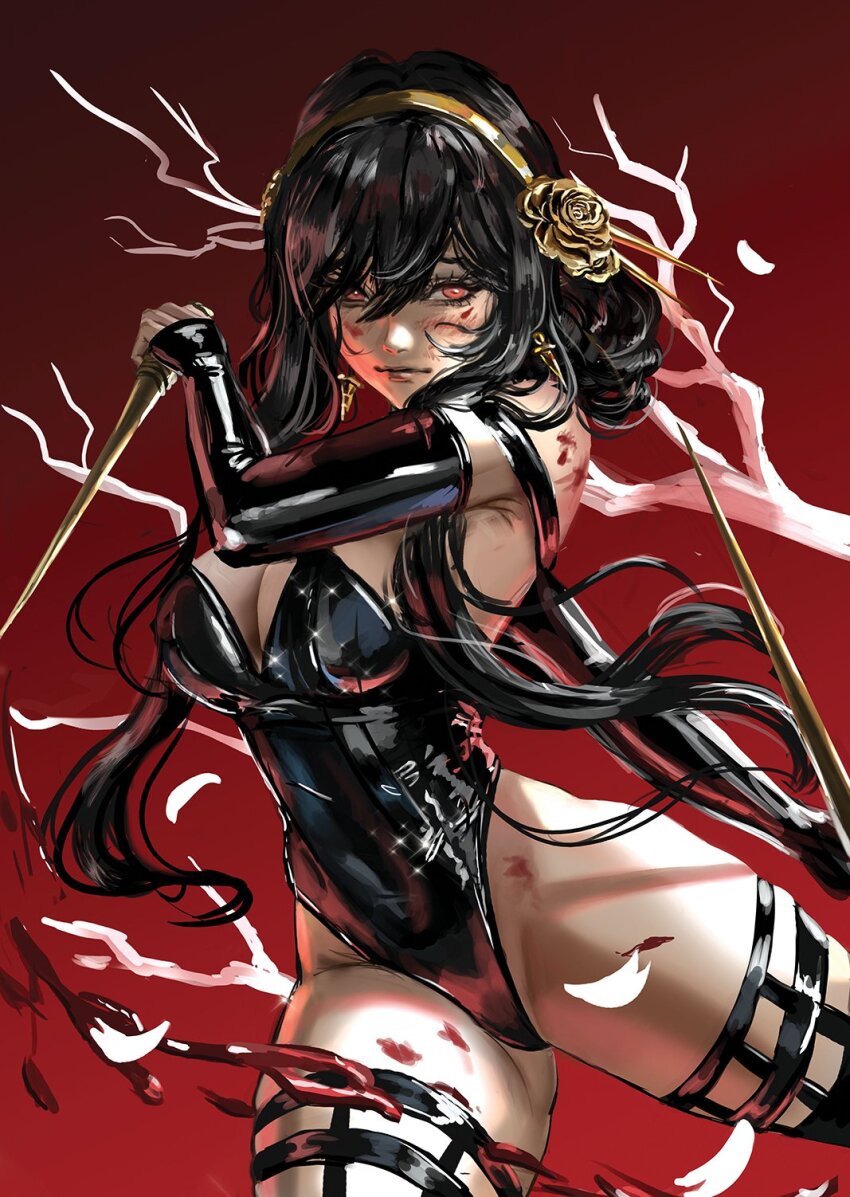 1girl alternate_costume black_gloves black_hair black_leotard black_thighhighs blood branch breasts cleavage elbow_gloves fingerless_gloves gloves gluteal_fold gradient_background hairband highleg highleg_leotard highres holding holding_weapon large_breasts leotard long_hair looking_at_viewer medium_breasts red_background red_eyes solo spy_x_family strapless strapless_leotard thighhighs thighs weapon whails yor_briar