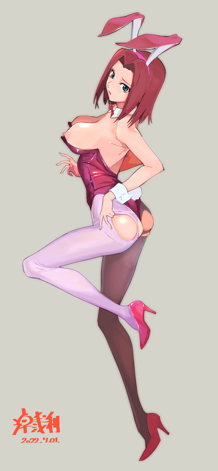 1girl absurdres animal_ears ass bare_shoulders blue_eyes blush bow bowtie breasts breasts_out code_geass detached_collar full_body high_heels highleg highleg_leotard highres kouzuki_kallen large_breasts leotard looking_at_viewer nipples open_mouth pantyhose parted_bangs pink_leotard pink_pantyhose playboy_bunny rabbit_ears rabbit_tail red_hair short_hair solo tail torn_clothes torn_pantyhose wr_(karakusa_senbei) wrist_cuffs