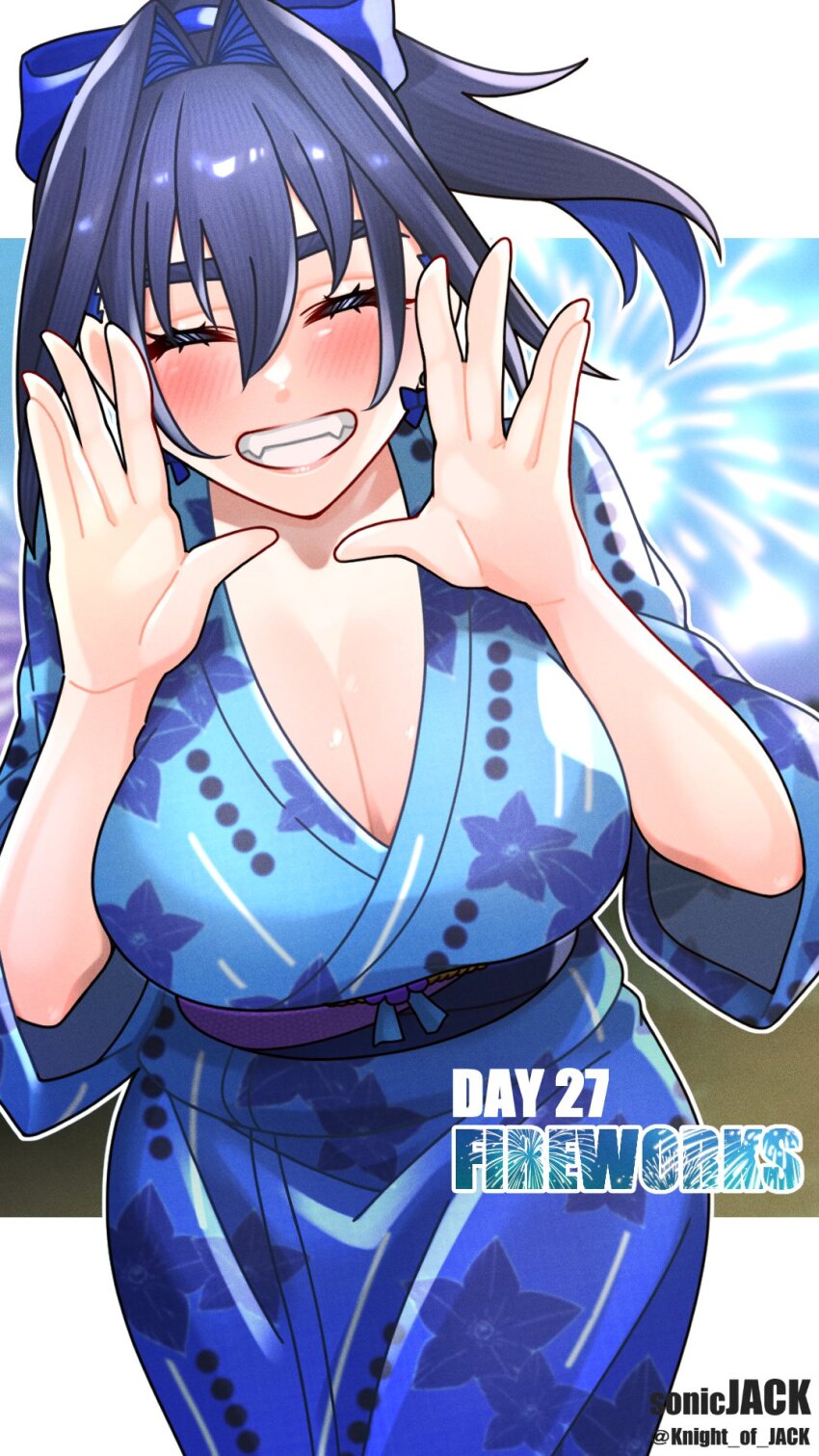 1girl aerial_fireworks blue_hair blush bow breasts cleavage fireworks floral_print floral_print_kimono hair_intakes highres hololive hololive_english japanese_clothes kimono knight_of_jack looking_at_viewer multicolored_hair obi ouro_kronii print_kimono sash short_hair smile virtual_youtuber