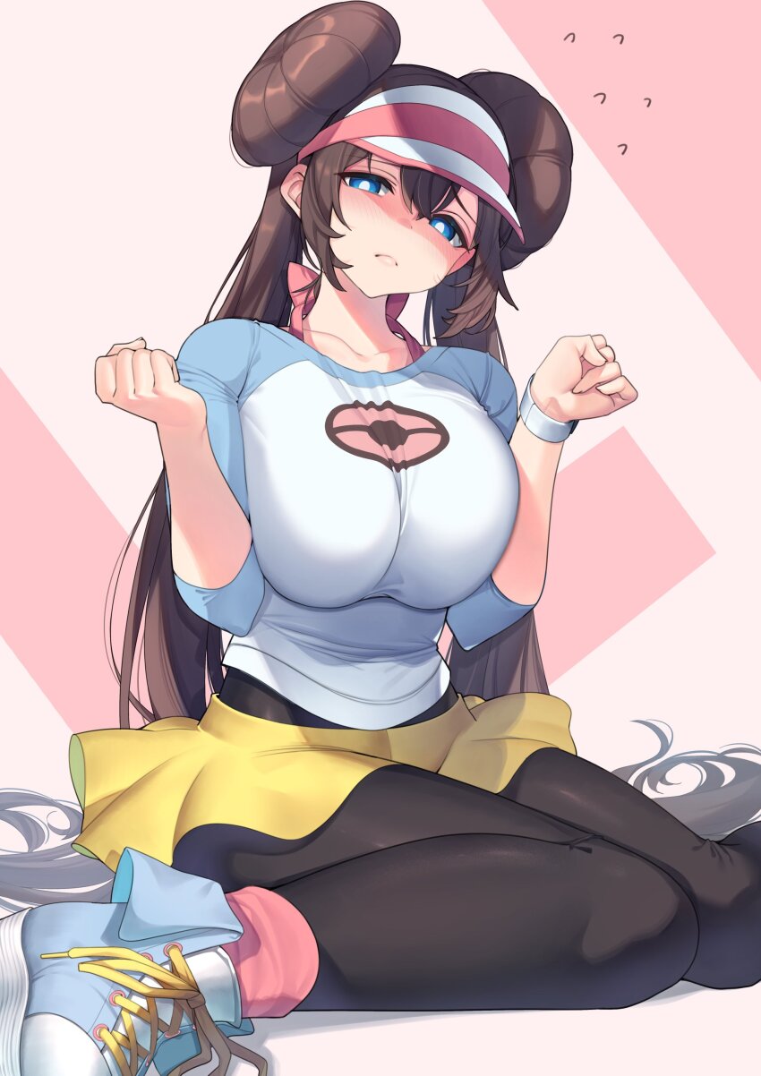 1girl absurdres black_pantyhose blue_eyes blush breasts brown_hair collarbone donut_hair_bun double_bun hair_bun hair_spread_out highres large_breasts long_hair long_sleeves looking_at_viewer nintendo pantyhose pantyhose_under_shorts pokemon pokemon_bw2 raglan_sleeves rosa_(pokemon) santa_(sunflower) shoes short_shorts shorts sneakers solo thighs twintails very_long_hair visor_cap yellow_shorts