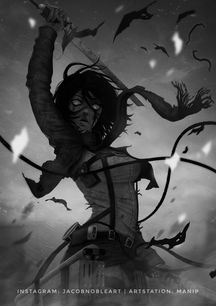 1girl absurdres belt black_hair dual_wielding female_focus grey_background greyscale highres holding jacket looking_at_viewer manip mikasa_ackerman monochrome paradis_military_uniform scarf sheath shingeki_no_kyojin short_hair solo standing sword three-dimensional_maneuver_gear weapon