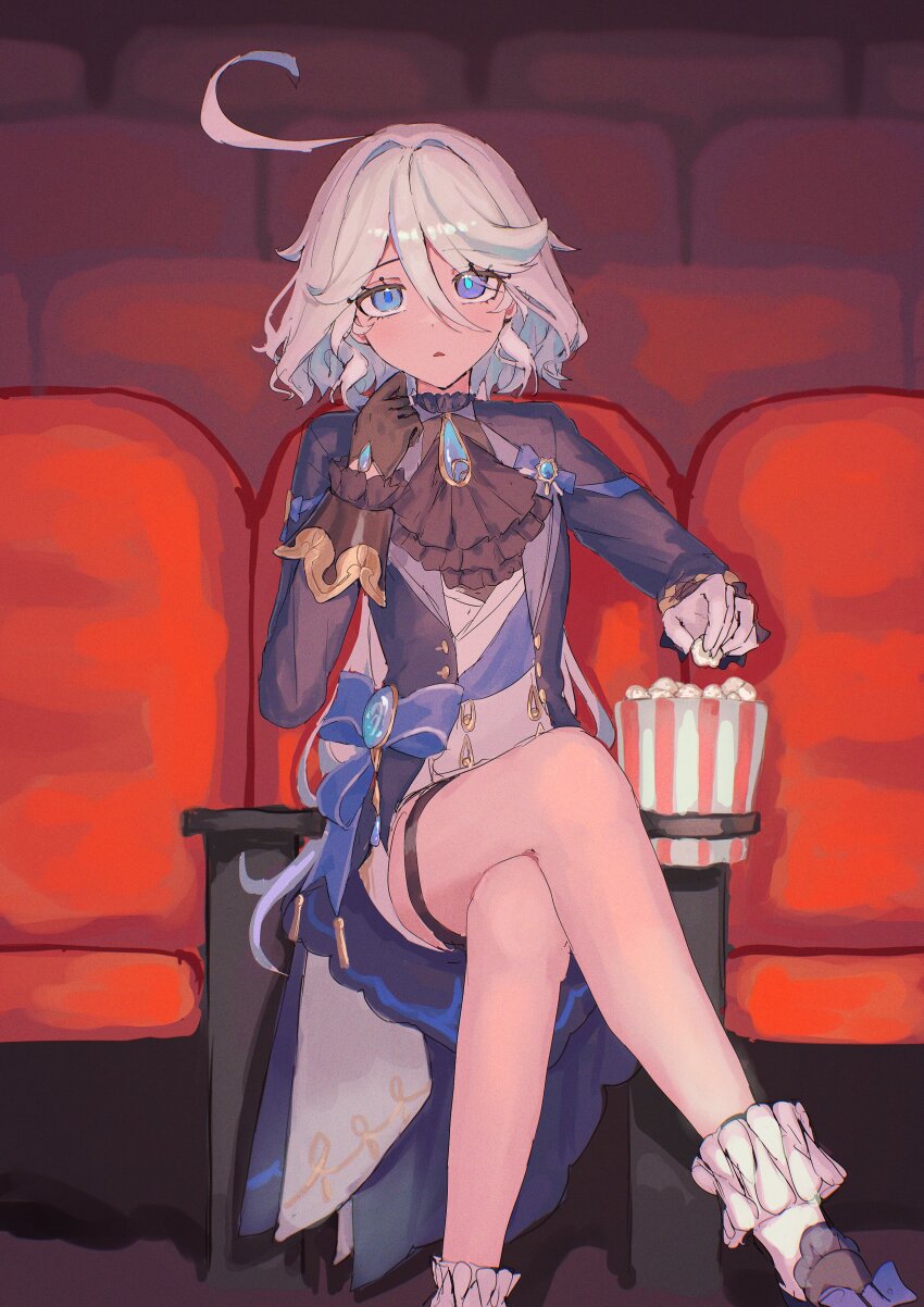 1girl absurdres ascot black_ascot blue_eyes cowlick drop-shaped_pupils food furina_(genshin_impact) genshin_impact gloves heterochromia highres long_sleeves mismatched_pupils movie_theater popcorn ririru solo symbol-shaped_pupils thigh_strap