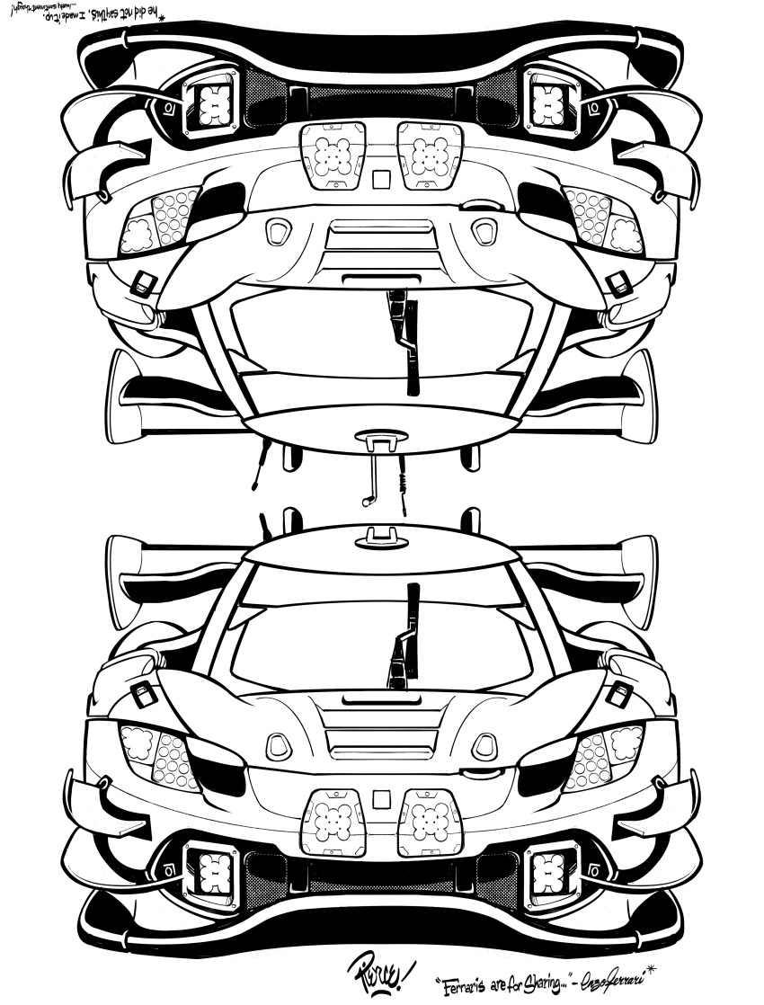 absurdres artist_name car english_text ferrari ferrari_296 greyscale highres lineart monochrome motor_vehicle no_humans race_vehicle racecar simple_background spoiler_(automobile) straight-on upside-down vehicle_focus white_background will_pierce world_endurance_championship