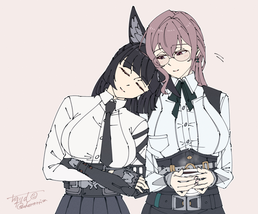 2girls absurdres animal_ear_fluff animal_ears black_skirt blunt_bangs blush cherrrim closed_eyes closed_mouth cup dress_shirt fingerless_gloves fingernails fox_ears fox_girl gauntlets glasses gloves hair_between_eyes head_on_another&#039;s_shoulder high-waist_skirt highres holding holding_cup hoshimi_miyabi long_hair looking_at_another multiple_girls pencil_skirt pink_eyes pink_hair shirt sidelocks single_fingerless_glove skirt sleeping smile tsukishiro_yanagi upper_body white_shirt yuri zenless_zone_zero