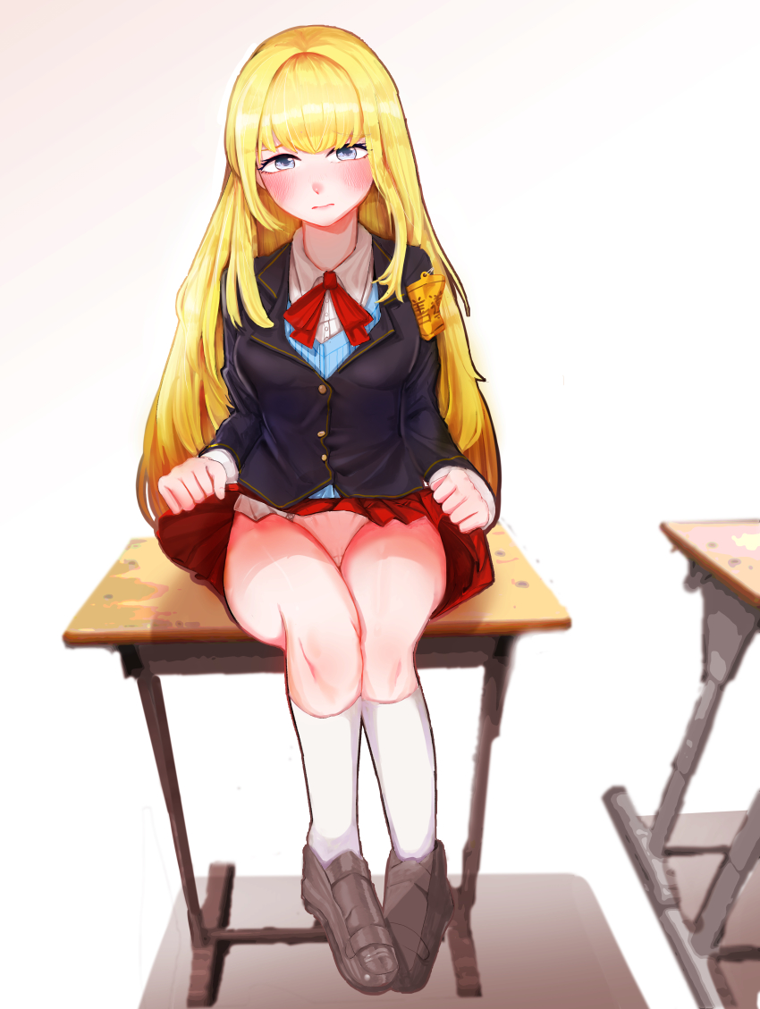 1girl absurdres armband black_jacket blazer blue_eyes blush breasts cardinal_armand closed_mouth clothes_lift collared_shirt desk dress_shirt embarrassed full_body highres jacket kneehighs last_origin lifting_own_clothes loafers long_hair long_sleeves looking_at_viewer medium_breasts on_desk panties pleated_skirt plum_(lee5145555) red_skirt ribbon school_uniform shirt shoes simple_background sitting on_desk skirt skirt_hold skirt_lift socks solo underwear white_background white_socks
