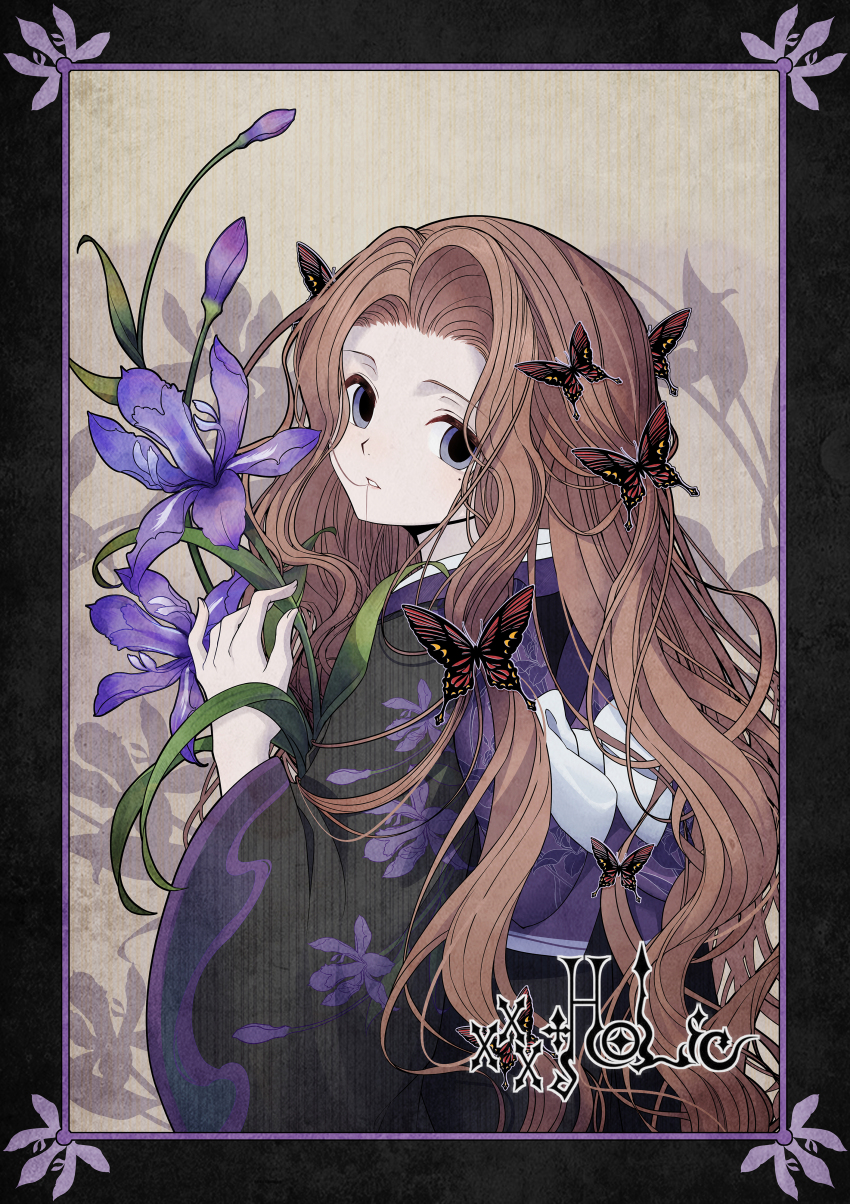 1girl absurdres black_border black_kimono border brown_hair bug butterfly clamp_(circle)_(style) flower grey_eyes hair_in_own_mouth hair_strand highres holding holding_flower insect japanese_clothes kimono long_hair mole mole_under_eye purple_flower so_tsubasa solo tsuyuri_kohane very_long_hair wavy_hair wide_sleeves xxxholic