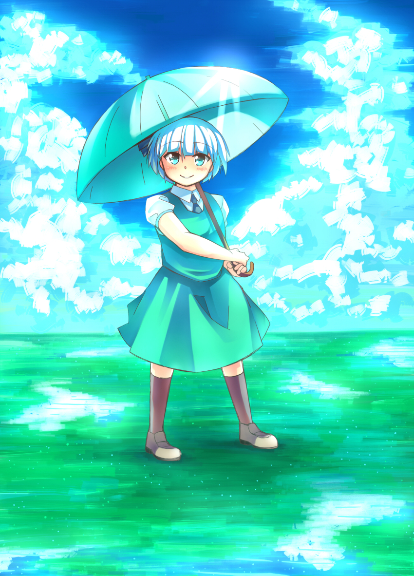 black_necktie blue_eyes blue_sky brown_shoes brown_socks cloud cloudy_sky collared_shirt dress green_dress green_umbrella highres holding holding_umbrella ikuya@ konpaku_youmu looking_at_viewer necktie pinafore_dress puddle puffy_short_sleeves puffy_sleeves shirt shoes short_sleeves sky sleeveless sleeveless_dress socks sunlight touhou umbrella under_umbrella white_hair white_shirt