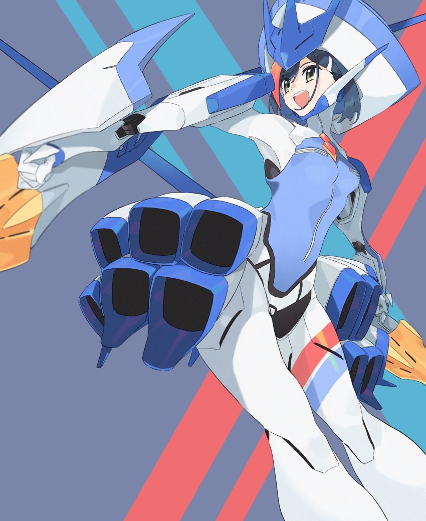 1girl :d blue_hair bodysuit commentary_request cosplay darling_in_the_franxx delphinium_(darling_in_the_franxx) delphinium_(darling_in_the_franxx)_(cosplay) hair_ornament hairclip headgear highres ichigo_(darling_in_the_franxx) joints machi_(wm) mecha_musume mecha_pilot_suit open_mouth parasite_suit_(darling_in_the_franxx) robot_joints short_hair smile solo upper_body yellow_eyes