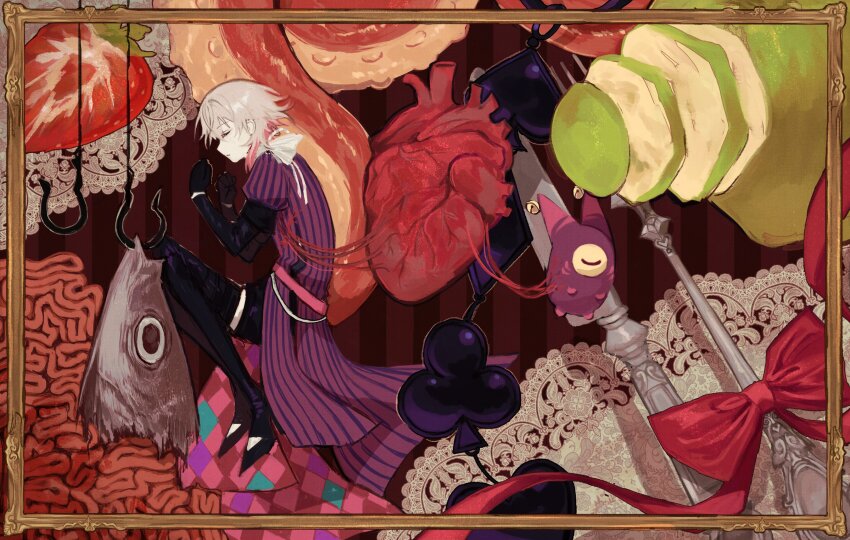 1boy absurdres black_gloves black_shorts boots border bow closed_eyes clover coat colored_skin creature cutlery death fetal_position fish fish_hook food fork from_side fruit full_body gavis_bettel gavis_bettel_(1st_costume) gloves grey_hair heart heart_(organ) high_heel_boots high_heels highres holostars holostars_english knife multicolored_hair nonsensemanna octopus ornate_border pale_skin pear phantom_(gavis_bettel) picture_frame pink_hair profile raw_meat red_bow red_ribbon ribbon scarf short_hair shorts sliced solo spade_(shape) strawberry striped_coat thigh_boots vertical-striped_coat virtual_youtuber white_scarf white_skin