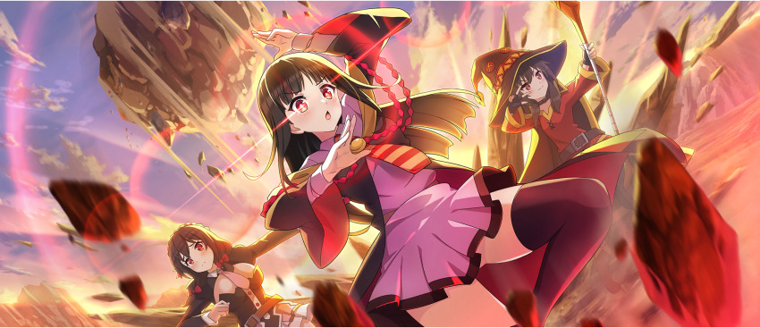 3girls :o arm_up belt belt_collar black_cloak black_gloves black_hat black_robe black_shirt black_thighhighs blouse blunt_bangs bow braid breasts brown_belt brown_hair chuunibyou cloak collar collared_dress crown_braid debris diagonal-striped_clothes diagonal-striped_necktie dress fingerless_gloves from_below game_cg gloves glowing glowing_eye gluteal_fold hair_bow hair_over_shoulder hat highres holding holding_staff kono_subarashii_sekai_ni_shukufuku_wo! konosuba!_fantastic_days large_breasts leg_up light_blush long_sleeves looking_at_viewer low_twintails mage_staff medium_breasts megumin miniskirt multiple_girls necktie nerimaki off_shoulder official_art open_mouth orange_necktie outstretched_arm pink_dress pink_necktie pink_skirt red_bow red_dress red_eyes red_necktie red_prison_magic_school_uniform robe school_uniform shirt short_dress short_hair short_hair_with_long_locks short_necktie sidelocks skirt small_breasts staff standing standing_on_one_leg striped_clothes thighhighs thighs twintails two-sided_robe two-tone_necktie v-shaped_eyebrows w w_over_eye witch_hat yunyun_(konosuba) zettai_ryouiki