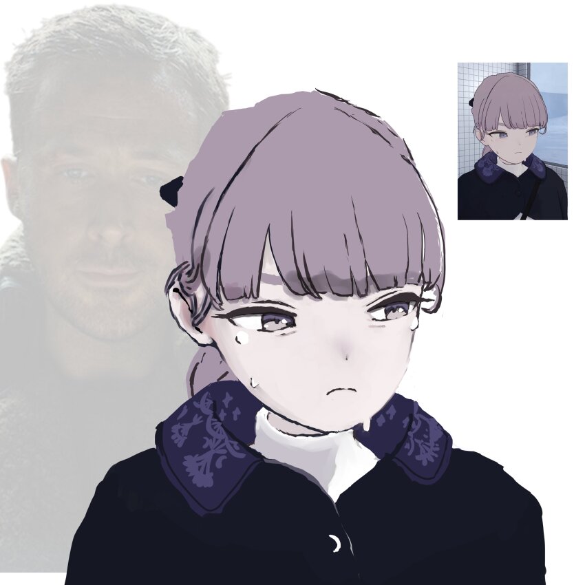1girl absurdres bacon_uw black_ribbon blade_runner_2049 brown_hair commentary english_commentary frown goslingposting_(meme) hair_ribbon highres k_(blade_runner_2049) lapwing_(vrchat) long_hair looking_at_viewer meme purple_eyes ribbon ryan_gosling tears vrchat white_background