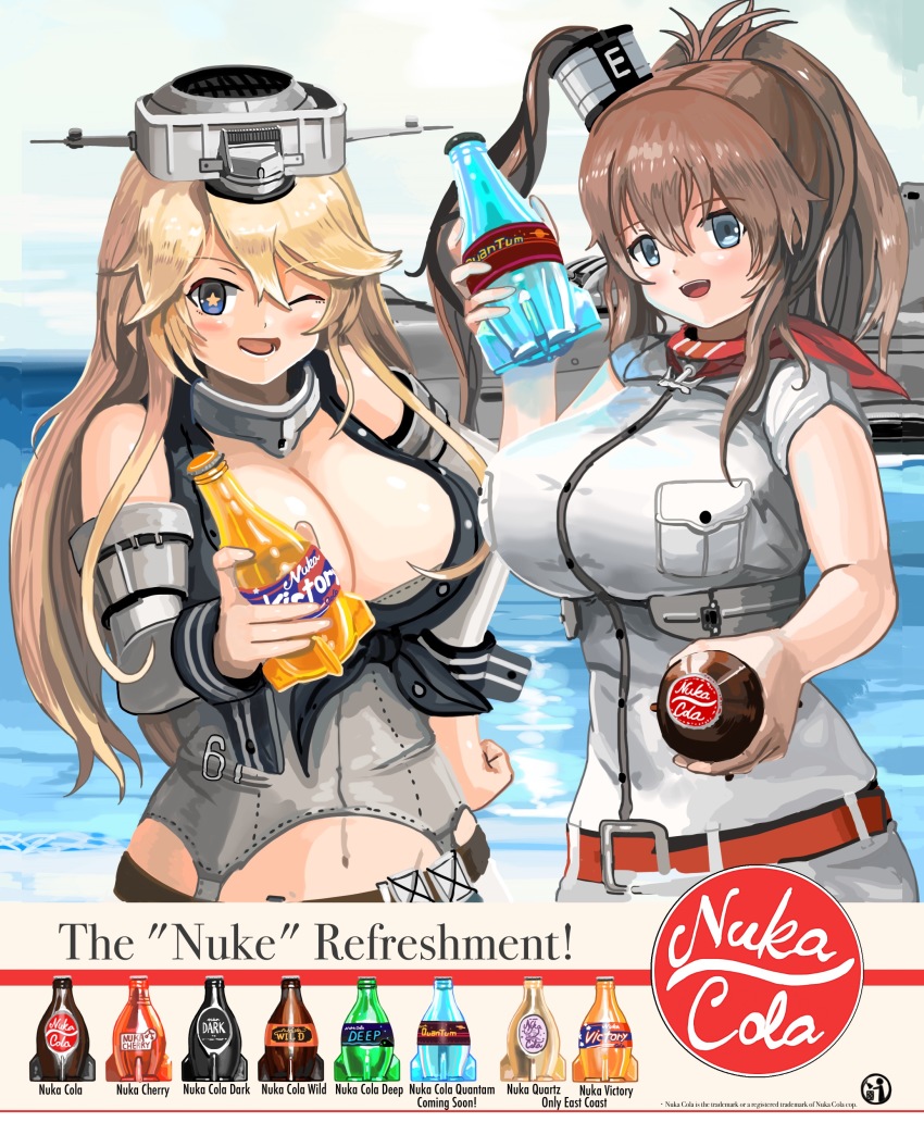 10s 2girls absurdres bare_shoulders blonde_hair blue_eyes blue_sky bottle breast_pocket breasts brown_hair cleavage day dress elbow_gloves fallout fallout_3 fallout_4 fingerless_gloves front-tie_top gloves hai_to_hickory hair_between_eyes headgear high_side_ponytail highres iowa_(kancolle) kantai_collection large_breasts long_hair looking_at_viewer miniskirt multiple_girls navel neckerchief nuka_cola nuka_cola_quantum ocean one_eye_closed open_mouth plump pocket red_neckerchief saratoga_(kancolle) ship side_ponytail skirt sky smile soda_bottle star-shaped_pupils star_(symbol) symbol-shaped_pupils water watercraft white_dress