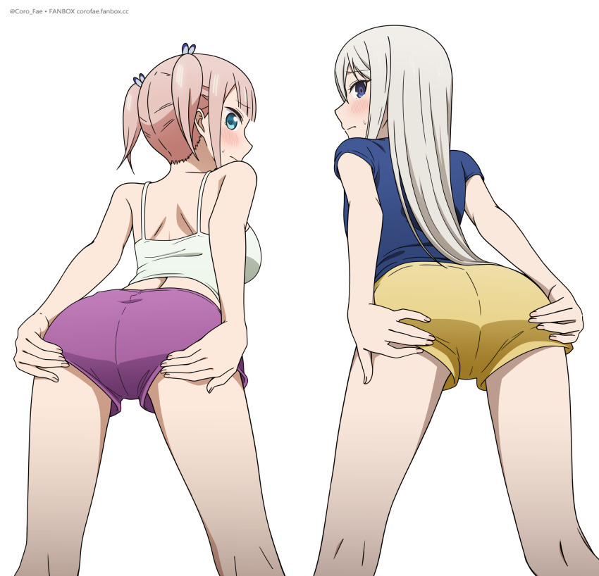 2girls artist_name ass bare_arms blue_eyes blue_shirt blush breasts closed_mouth coro_fae crop_top from_behind fujiwara_moeha grabbing_own_ass highres kaguya-sama_wa_kokurasetai_~tensai-tachi_no_renai_zunousen~ leaning_forward long_hair looking_back medium_breasts multiple_girls pink_hair purple_shorts shirogane_kei shirt short_sleeves shorts simple_background standing twintails white_background white_hair yellow_shorts