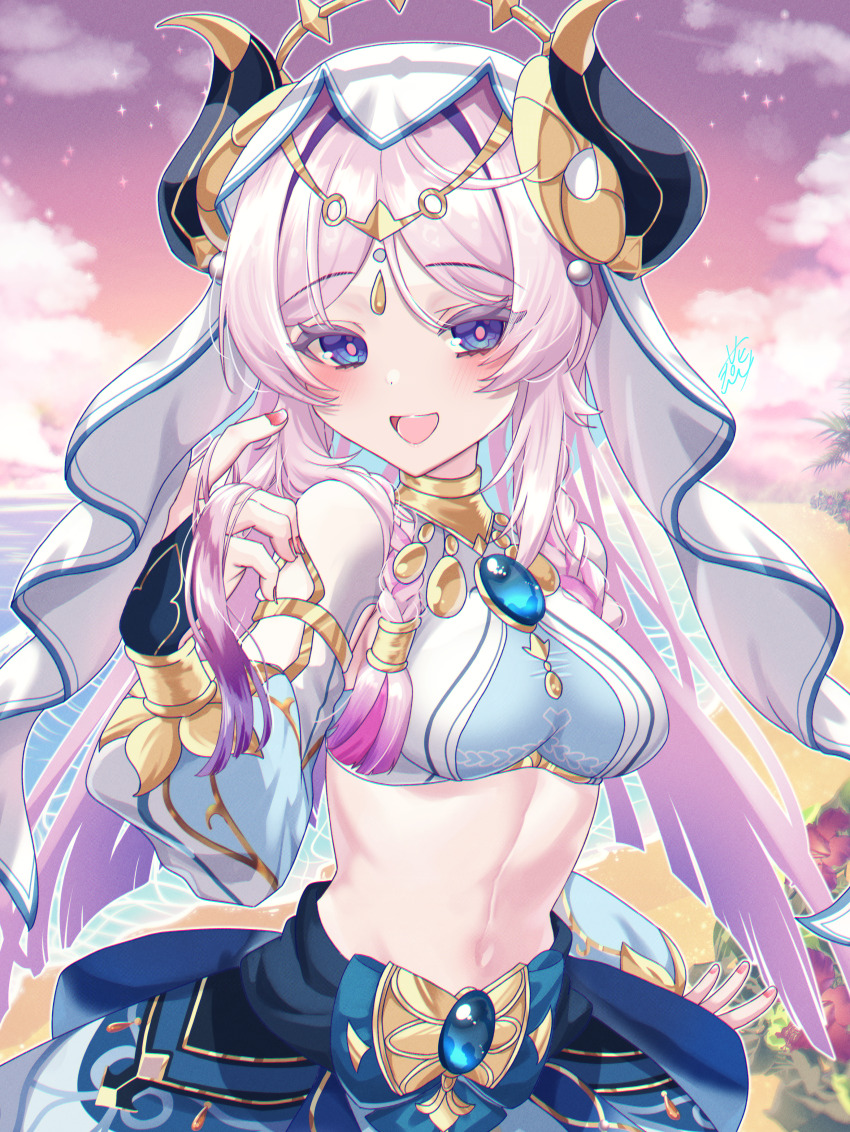 1girl :d absurdres adapted_costume beach blue_eyes blue_gemstone blue_skirt blush breasts circlet citlali_(genshin_impact) cloud colored_eyelashes commentary_request cosplay crop_top fake_horns fingernails gem genshin_impact gold_trim hand_in_own_hair hand_up highres horns large_breasts long_hair long_sleeves looking_at_viewer nilou_(genshin_impact) nilou_(genshin_impact)_(cosplay) open_mouth outdoors pink_hair pink_pupils puffy_long_sleeves puffy_sleeves red_nails signature skirt sky smile solo stomach tsubame-tsubame- upper_body veil very_long_hair white_veil