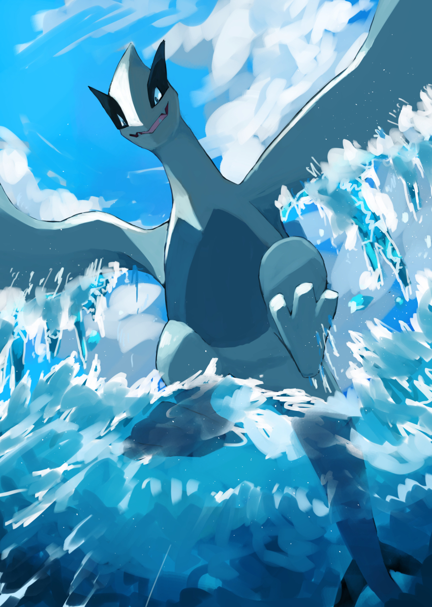 absurdres cloud commentary day fang fangs from_below gen_2_pokemon grey_eyes highres kou11021301 legendary_pokemon looking_down lugia nintendo no_humans open_mouth outdoors pokemon pokemon_(creature) pokemon_focus skin_fang sky solo symbol-only_commentary water