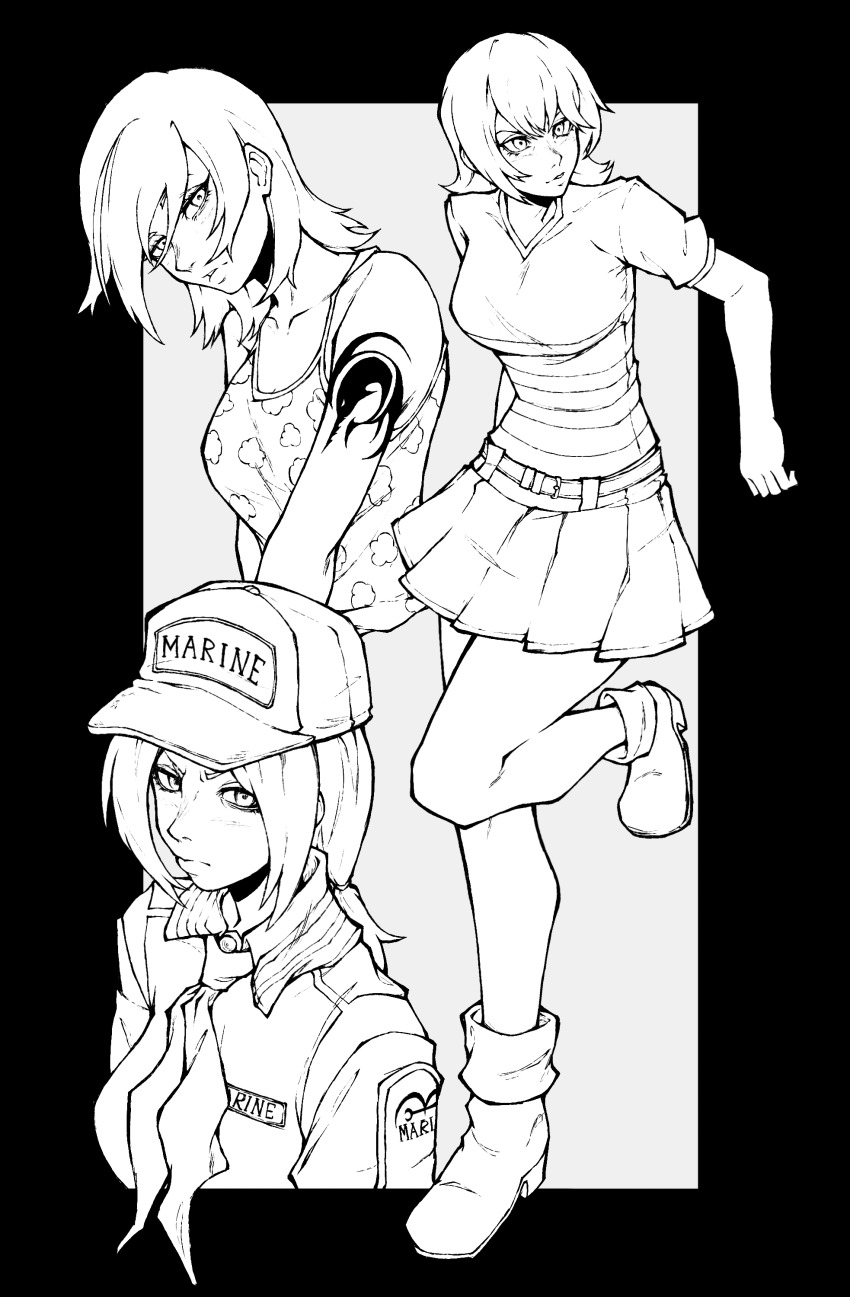 1girl absurdres arm_tattoo boots breasts disguise greyscale hat highres kekel marine_uniform_(one_piece) medium_breasts medium_hair military_uniform monochrome multiple_views nami_(one_piece) nami_(one_piece)_(east_blue) naval_uniform one_piece pleated_skirt shirt shoulder_tattoo skirt striped_clothes striped_shirt tank_top tattoo