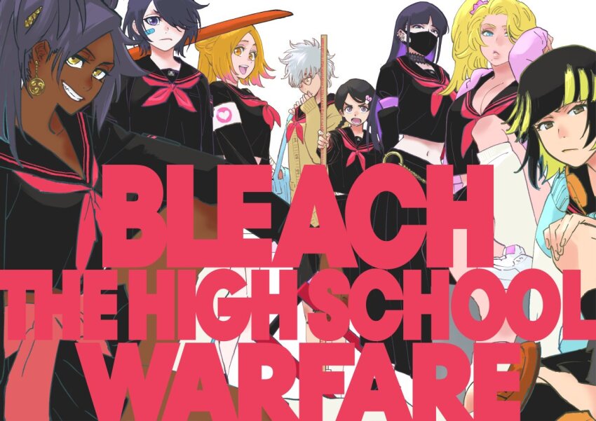 6+girls black_hair black_shirt black_skirt bleach bleach:_sennen_kessen-hen blonde_hair blue_eyes blunt_bangs blush bokken braid breasts brown_eyes choker cleavage closed_mouth collarbone dark-skinned_female dark_skin delinquent dress earrings glasses green_eyes grey_hair gyaru hair_ornament hinamori_momo holding holding_sword holding_weapon inoue_orihime jewelry kogal kotetsu_isane kubo_tite kuchiki_rukia kurotsuchi_nemu large_breasts long_dress long_hair long_sleeves looking_at_viewer matsumoto_rangiku medium_breasts mole mole_under_mouth multicolored_hair multiple_girls navel open_mouth orange_hair over_shoulder parted_bangs pleated_skirt ponytail purple_eyes purple_hair school_uniform shirt short_hair short_hair_with_long_locks simple_background skirt small_breasts smile sui-feng sword sword_over_shoulder weapon weapon_over_shoulder white_background wooden_sword