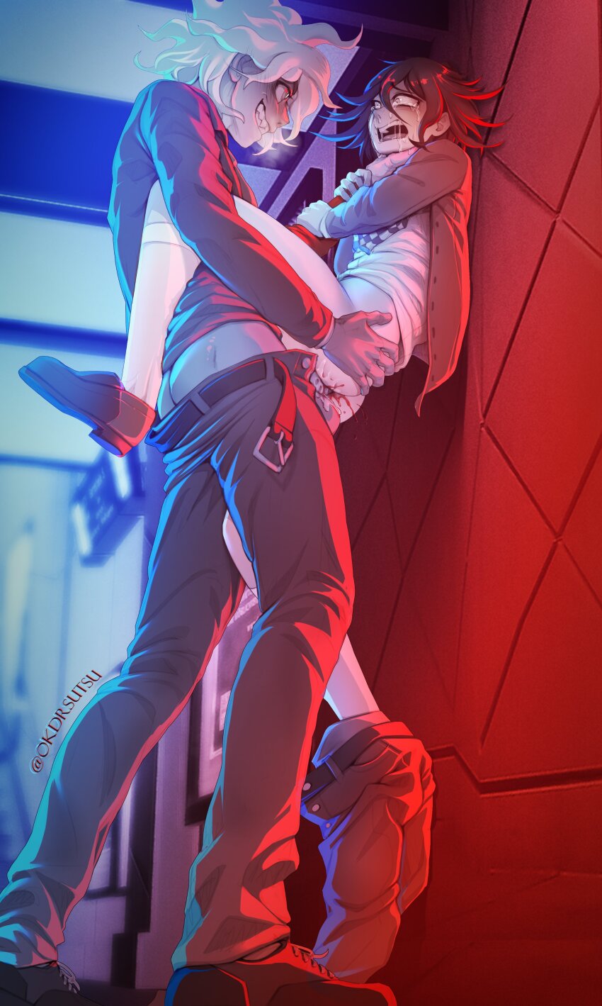 2boys absurdres anal asphyxiation ass belt black_hair bleeding blood blush checkered_clothes checkered_scarf commentary crying crying_with_eyes_open cum cum_in_ass danganronpa_(series) danganronpa_2:_goodbye_despair danganronpa_v3:_killing_harmony english_commentary evil_grin evil_smile flipped_hair grin hair_between_eyes highres hope&#039;s_peak_academy_school_uniform i_cho_(okdrsutsu) indoors jacket komaeda_nagito long_sleeves male_focus medium_hair messy_hair multiple_boys oma_kokichi open_belt open_clothes open_jacket open_mouth pants pants_around_one_leg partially_shaded_face rape saliva scared scarf school_uniform sex sharp_teeth shirt short_hair size_difference smile snot standing standing_sex strangling tears teeth twitter_username two-tone_scarf white_hair white_shirt wide-eyed yaoi