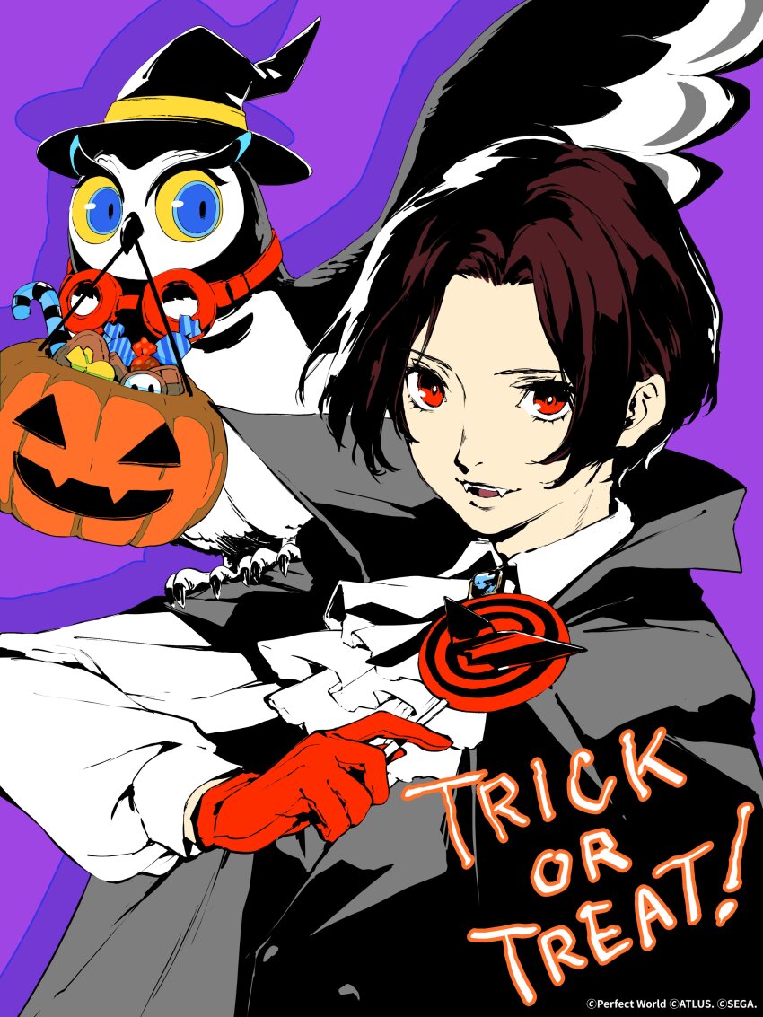 1boy absurdres alternate_costume animal artist_request ascot bird black_hat candy commentary english_commentary english_text food gloves halloween halloween_bucket halloween_costume hat high_collar highres holding holding_candy holding_food holding_lollipop kamishiro_nagisa lollipop lufel_(owl)_(p5x) lufel_(p5x) male_focus official_art open_mouth owl persona persona_5 persona_5:_the_phantom_x purple_background red_eyes red_gloves red_hair second-party_source short_hair simple_background smile vampire white_ascot wizard_hat