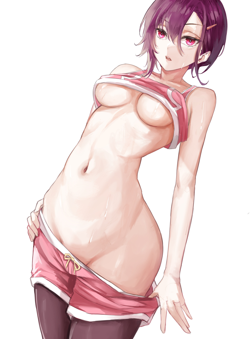 1girl absurdres bare_arms bare_shoulders black_pantyhose breasts commentary cowboy_shot groin hair_ornament hairclip highres medium_breasts midriff mikazuki_shizuka navel nui_gurumi pantyhose pantyhose_under_shorts parted_lips pink_shorts purple_eyes purple_hair short_hair short_shorts shorts simple_background solo standing stomach torso_flash underboob white_background zom_100:_zombie_ni_naru_made_ni_shitai_100_no_koto